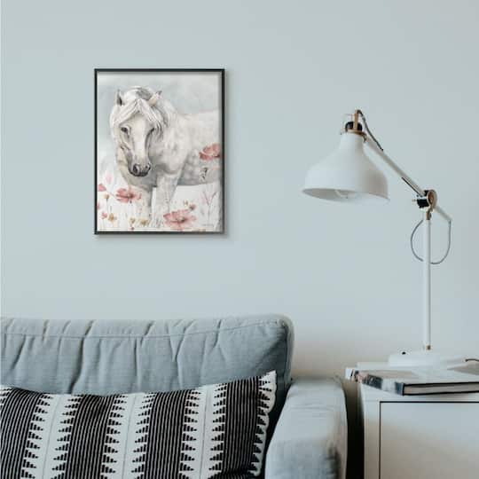 Stupell Industries Beautiful Horse & Pink Flowers Wall Art in Black Frame